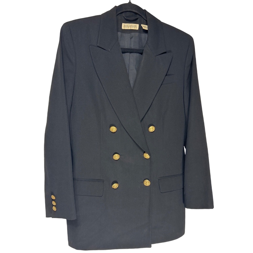 Ann Taylor Petites Black 100% Wool Double Breasted Blazer Gold Crest Buttons 10P